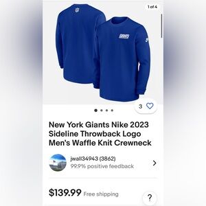 NY GIANTS NEW NFL Large Mens Nike Sideline waffle knit crewneck embroidered logo